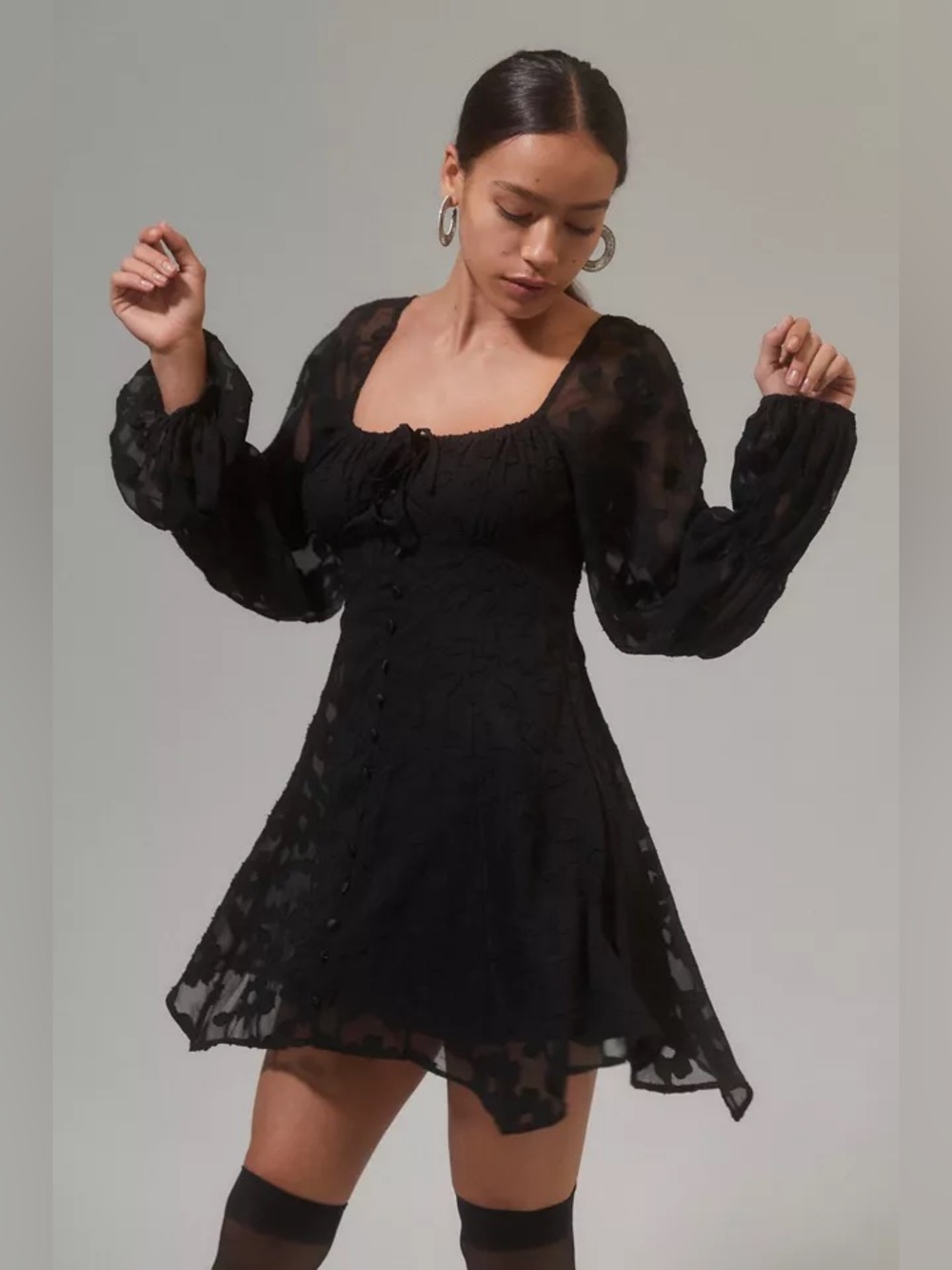 NWT UO Wisteria Floral Long Sleeve Mini Dress – Black – Size S